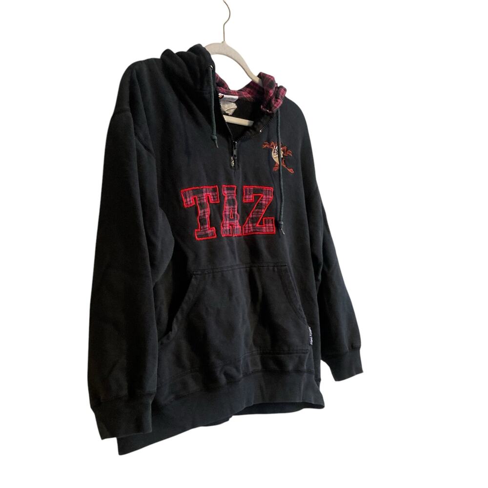 Y2K Looney Tunes Black Pink Plaid Taz Tasmanian Devil cartoon Hoodie Size Medium - Picture 3 of 16